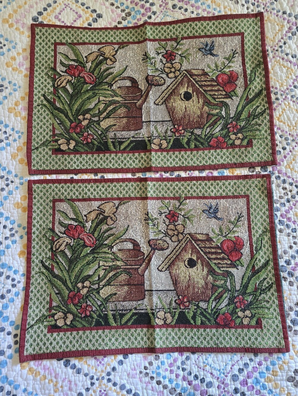 Collections Etc Spring Garden Birdhouse Woven Tapestry Placemats Set of 2 Floral